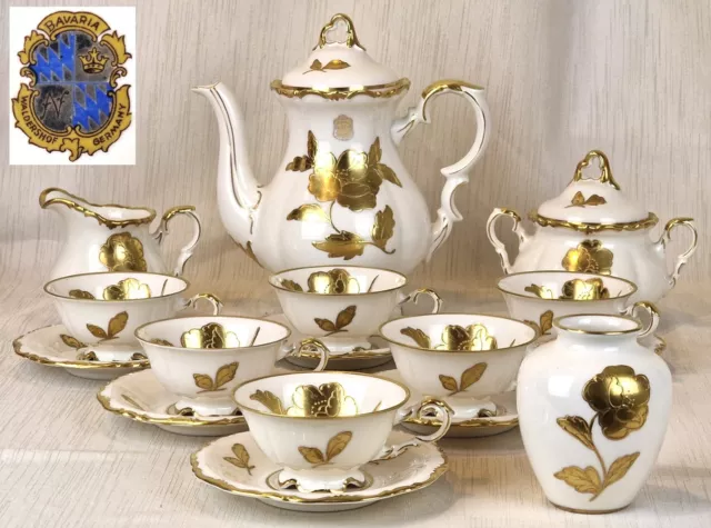 Mokka Service 6 Personnes Waldershof Bavaria Porcelaine Relief-Gold Um 1960 P547