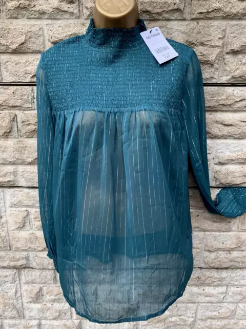 New Tag £28 Ladies Next Green/Silver Thread High Neck Long Sleeve Blouse UK 8