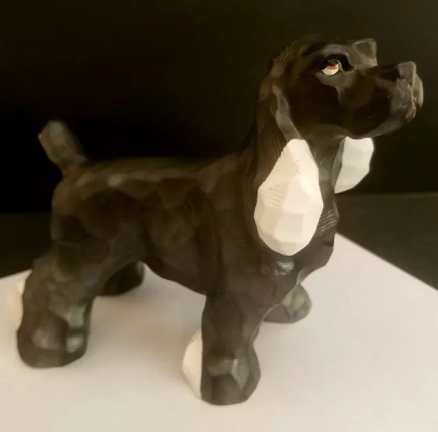 Cute Black + White Cocker Spaniel Dog Statue Figure Ceramic Carved Body Japan