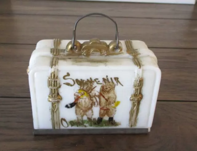 Souvenir Early 1900's Milk Glass Bears Mini Suitcase Candy Container  Odin, Minn