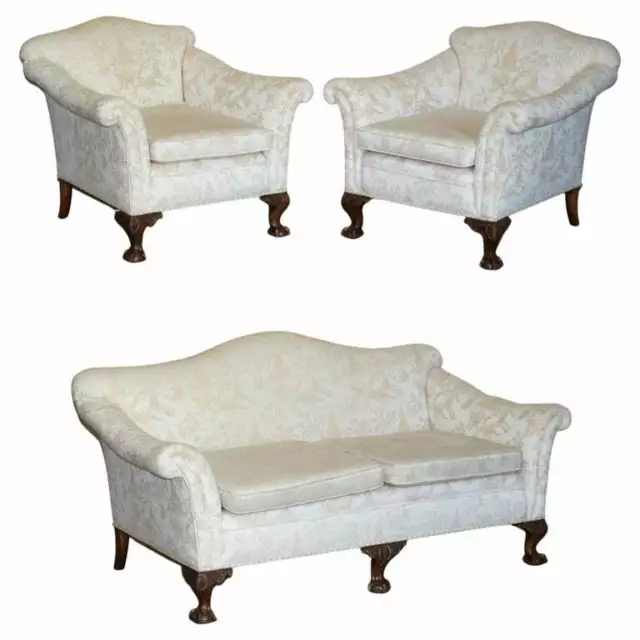 Antique Victorian Sofa & Armchair Suite Chinoiserie Upholstery Claw & Ball Feet