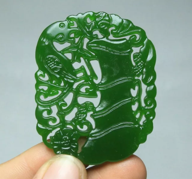 6CM China Natural Green Jade Carve Flower Bird Tree Bat Yubi Jadebi Pendant