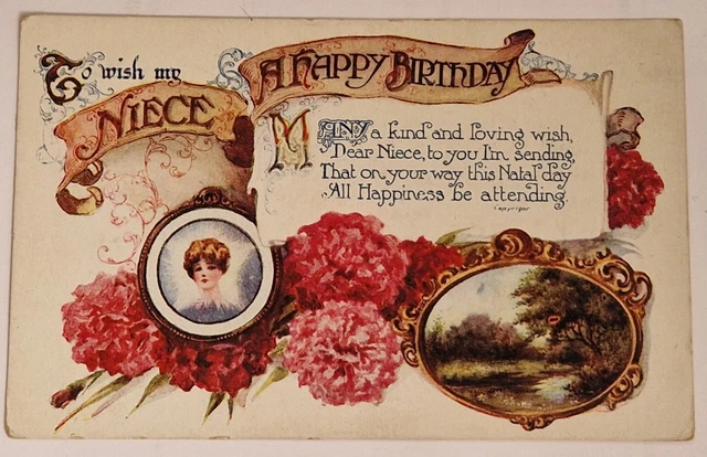 2 x 1920s Vintage Birthday Greetings Postcards - Niece
