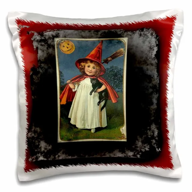 3dRose Vintage Halloween Witch Girl and Black Cat 16x16 inch Pillow Case