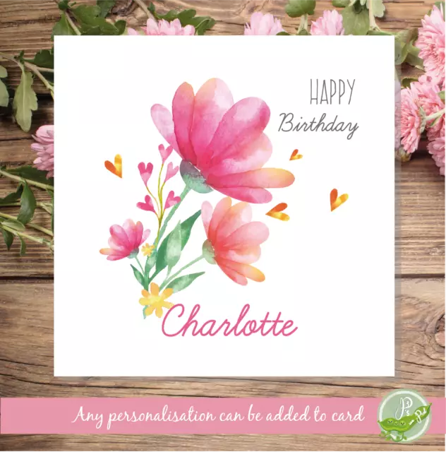 Personalised Name Floral Flower Female Girl Birthday Card