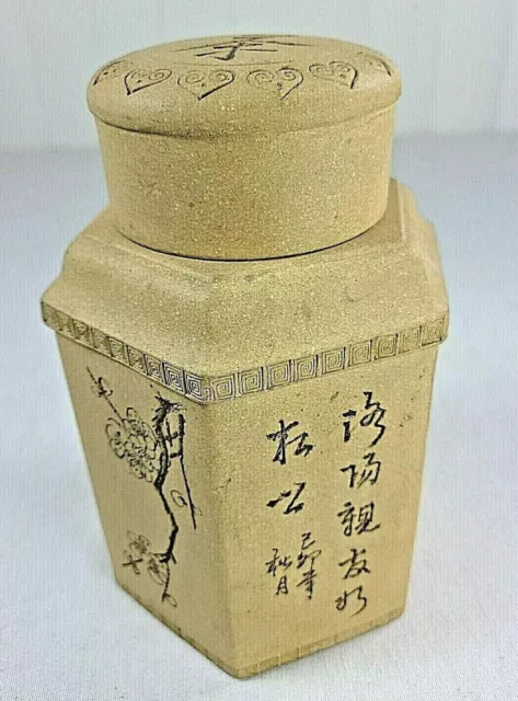 Chinese Yixing Zisha Clay Hexagon Tea Caddy Canister Jar Calligraphy Flowers