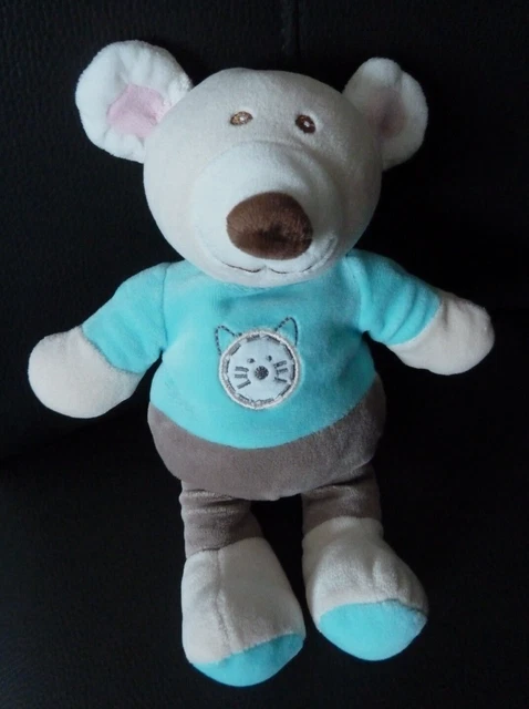 P4. DOUDOU PELUCHE AJENA SOURIS BLEU MARRON TAUPE ECRU BLANC CHAT 27cm ET. NEUF*