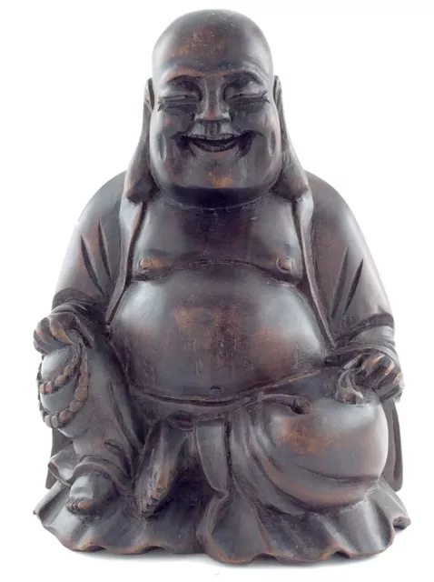 Hand Carved Fruit Wood Laughing Buddha Figure Oriental Figurine 6.25in 477g M648