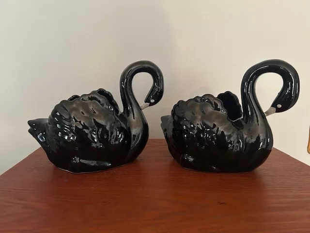 Pair of Black Ceramic Swan Planters/Holders