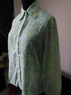 PUR VINTAGE ancienne chemise chemisier vert fleur bleu   taille 36  B21