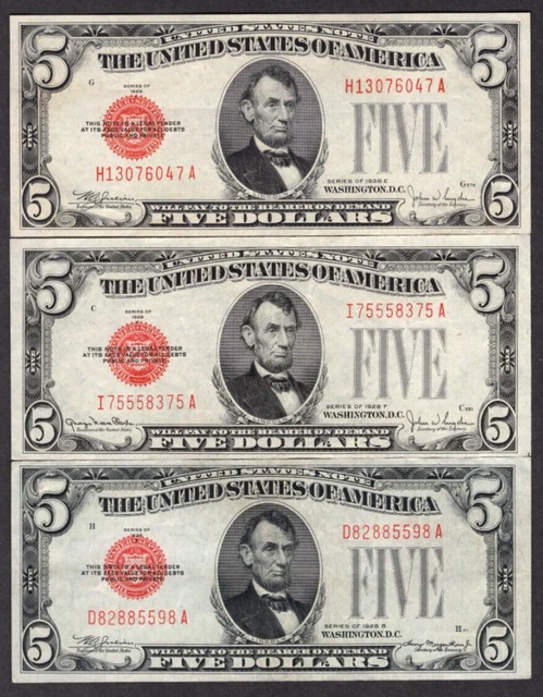 Lot of 3 1928 B-E-F $5 Five Dollar Bills Red Seal S479