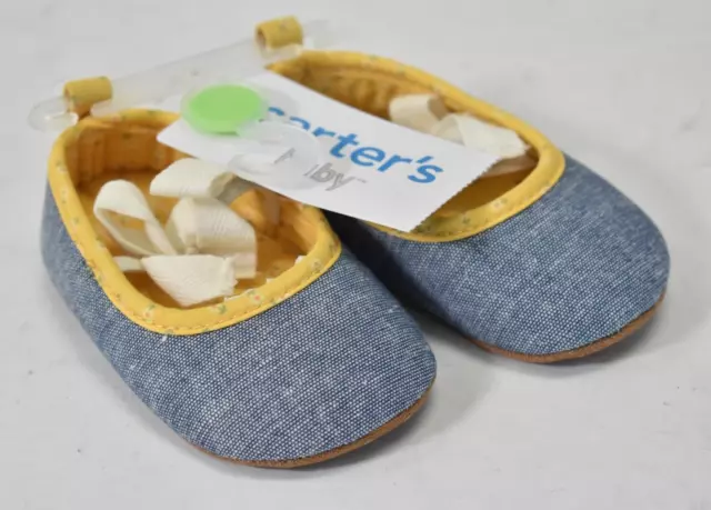 Carter's Baby Girl Chambray Bow Mary Jane Crib Shoes Infant Size 0-3 Months Blue