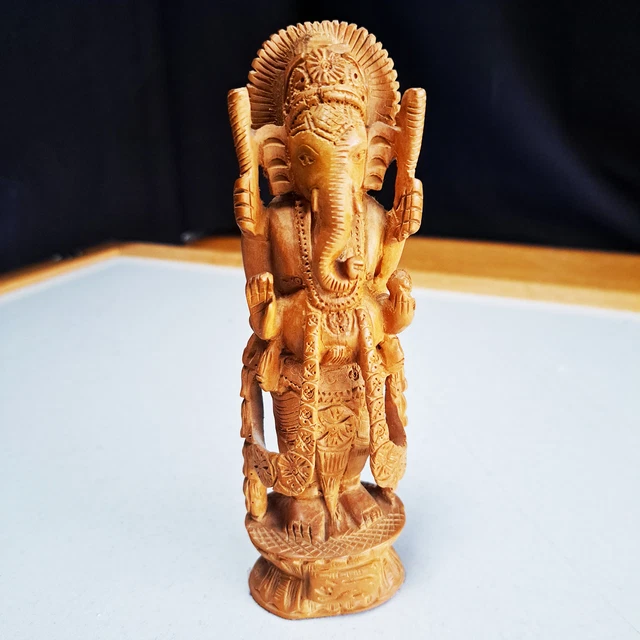 Beautiful Indian Hand Carved Lord Ganesh Rare Design Wooden 6" Very Good