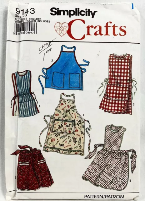 1989 Simplicity Sewing Pattern 9143 Womens Aprons 6 Styles Chef Cook Vintg 11319