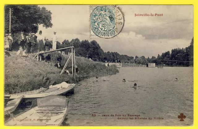 cpa 94 JOINVILLE le PONT Jeux de POLO au BARRAGE Barques Plongeoir Coll. FLEURY