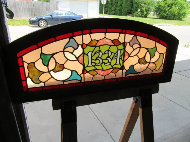 ~ Antique Stained Glass Transom Window Address 1334 ~ 42 X 18 ~ Salvage