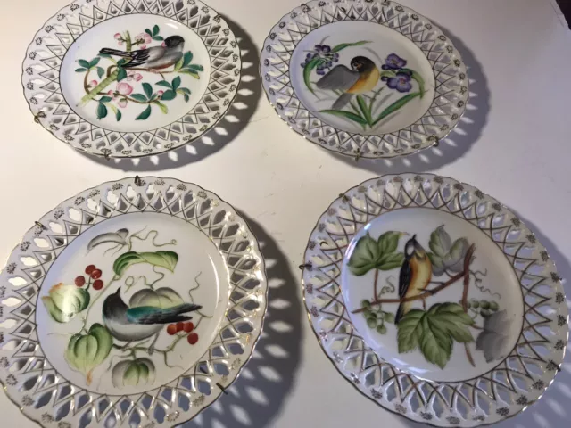 VINTAGE UCAGCO CHINA HAND PAINTED JAPAN  BIRD,LOT OF 4, Wall Plates W/HANGERS