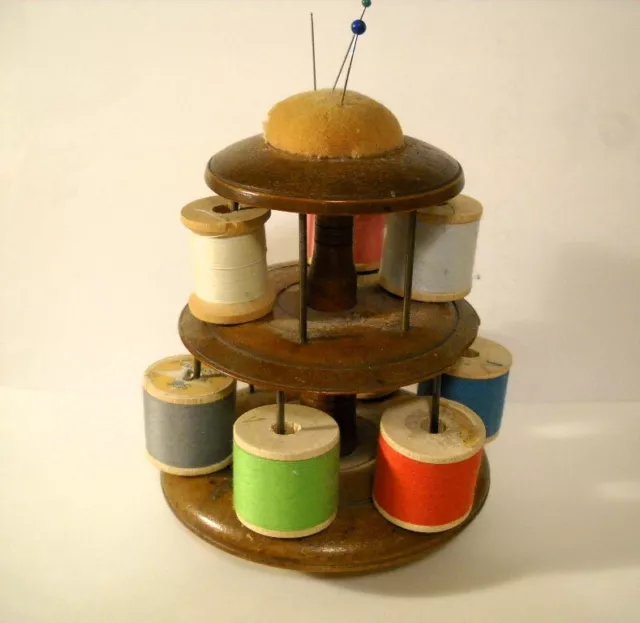 Antique 19th Century Sewing Thread Spool Holder Pin Cushion Caddy Treenware