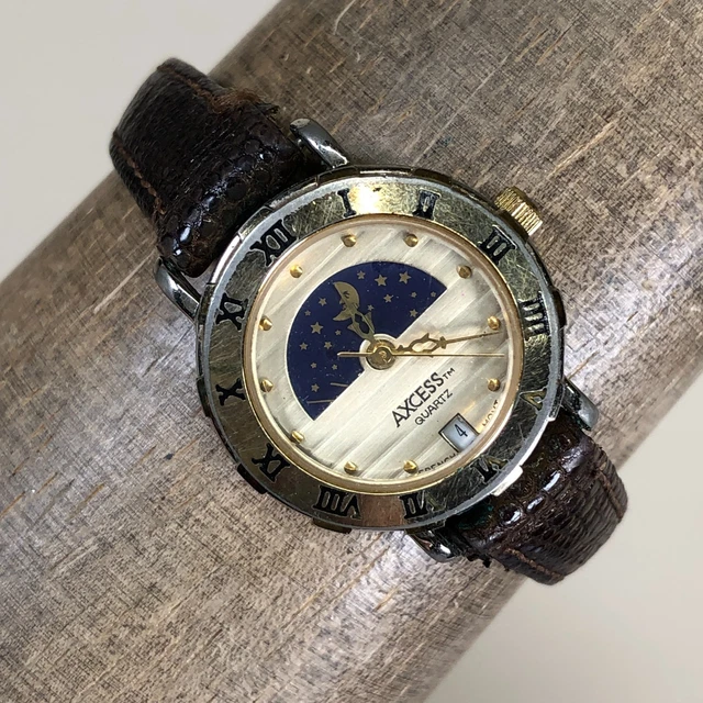 VINTAGE AXCESS WOMEN Dress Moon Phase Brown Leather Quartz Analog