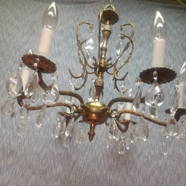 VINTAGE ORNATE 20"Wx18"T SPANISH BRASS 6 ARM CHANDELIER CUT GLASS ALMOND PRISMS