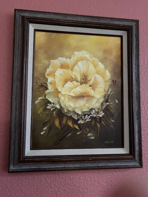 Still Life yellow Flower white Daisy ‘s Oil on canvas  framed 16x19 signed