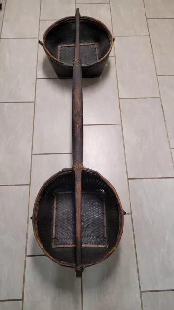 Antique Rice Gathering Baskets Bamboo Handle Rattan