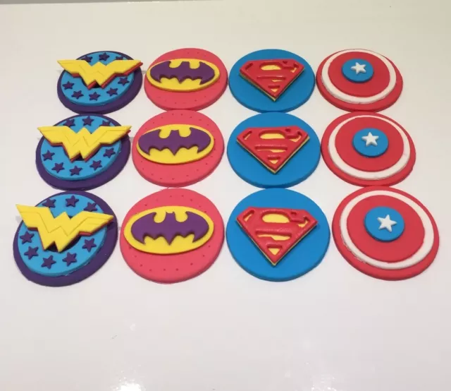 12 x WONDER WOMEN CUPCAKE TOPPER FONDANT, ICING SUGAR EDIBLE BIRTHDAY PARTY CAKE 2