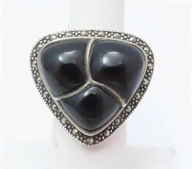 Sterling Silver Black Onyx & Marcasite Triangular Statement Ring Size 6