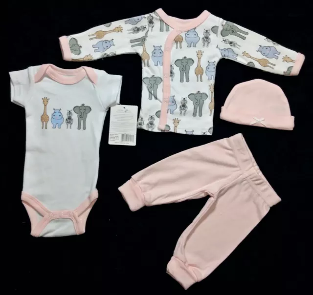 Neuf avec étiquettes ensemble de layettes Preemie fille coton blanc/rose Safari 4 pièces touché par HB. 2