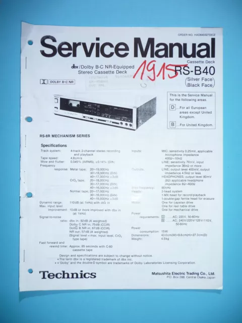 Manuel de Service pour Technics RS-B40 Bande Deck, Original