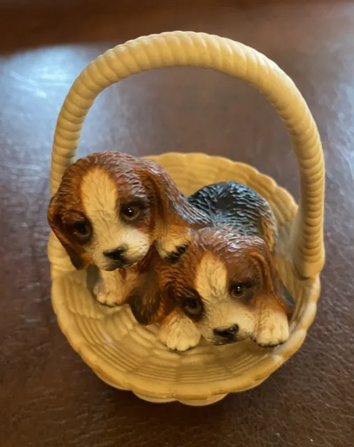 vintage porcelain beagle puppies in a basket