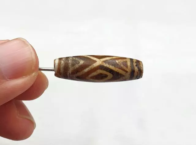 South Asian Burmese Antiques Trade Pumtek petrified Wood Beads Late 19 C. 31mm 2