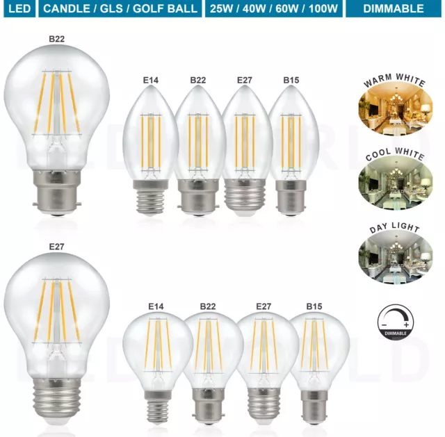 Dimmable LED Bulbs 40W 60W E14 B22 E27 Candle Golf Ball GLS Small Screw/Bayonet
