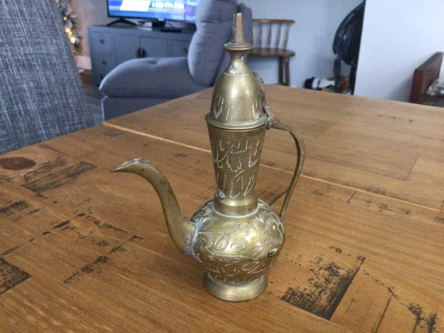 Vintage Brass India Ewer 5.5” Decanter Pitcher Genie Bottle Etched Carafe Decor