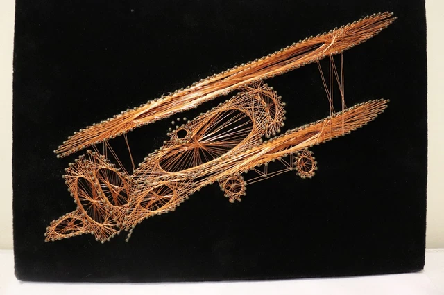 VINTAGE COPPER WIRE 3D Art Airplane on Black Velvet 15.5" X 11" $42.14