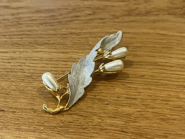 Lot De 3 Broches Vintage - Plume, Feuille, Fleur, Couleur Or Avec Perle, Occasion (B3208)