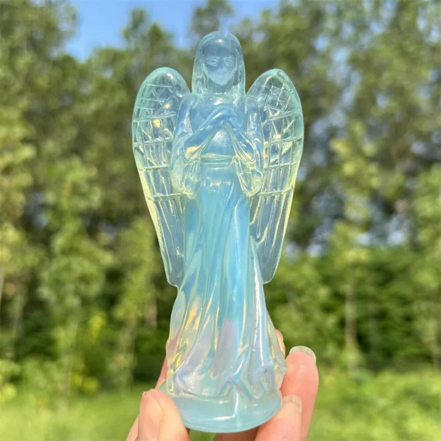 4" Opalite Angel Skull Carved Quartz Crystal Skull Reiki Statue Healing 1pc