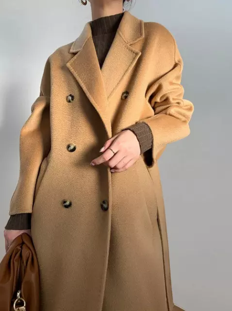 20%Cashmere Coat Mid-length Loose Wool Coat Women Ripple Fashion Double Breasted 3