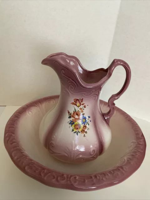 Vintage Ironstone Wash Basin & Pitcher Mauve & Cream W/Flowers Painted Each Side 2