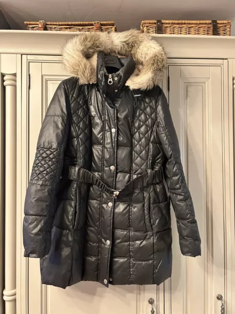 LAUNDRY BY DESIGN Quilted Black Parka Coat Fur Hood Fleece Lined Belt LARGE