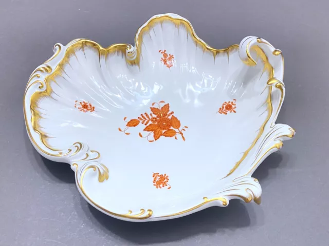 Herend Chinese Bouquet Rust (Apponyi Orange) LARGE Rococo /Wave/leaf dish, NICE