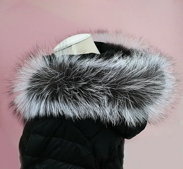 Extra Large Real Fur Trim Scarf for Hood Whole Skin Silver Fox Fur Collar Jacket 3