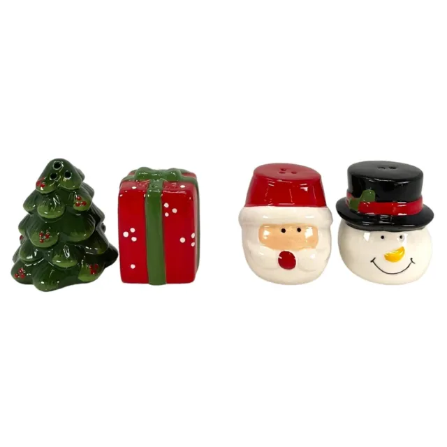 Christmas Tree with Gift & Santa with Snowman Salt & Pepper Shaker 2 Piece Set