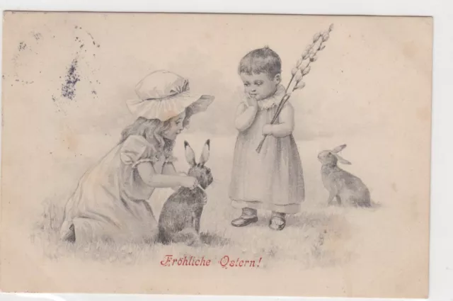 Fröhliche Ostern Künstler-AK 1906 Mädchen Junge Osterhasen Easter 1703171