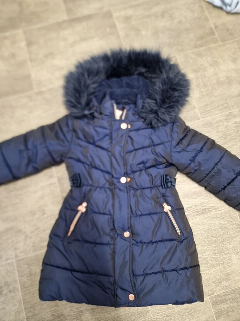 Ted Baker cappotto marino ragazza cappuccio pelliccia sintetica cappotto imbottito età 6