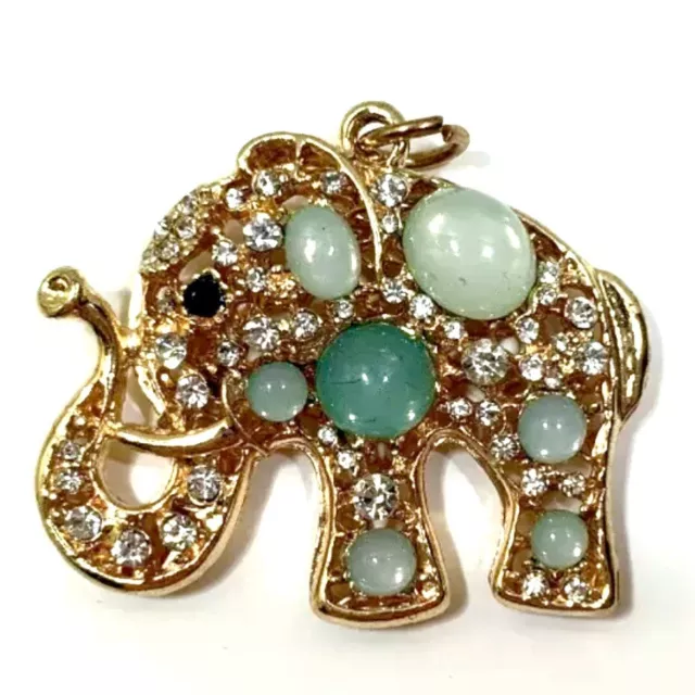 Large Elephant Necklace Pendant Trunk Up Gold Toned Green Stones And Rhinestones