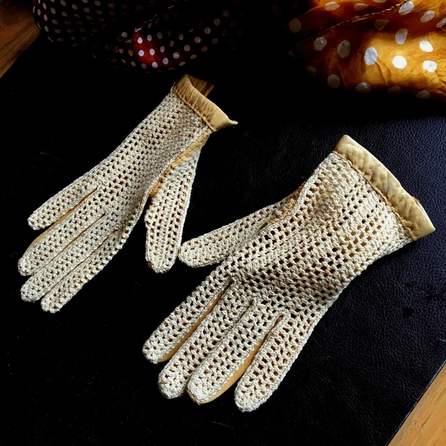 ANCIENNE PAIRE DE GANTS DE CONDUITE CUIR ET TRICOTÉS FILET FEMME taille 6 - S