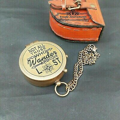 Antique Nautical Vintage Pocket Brass Compass With Leather Case gift item