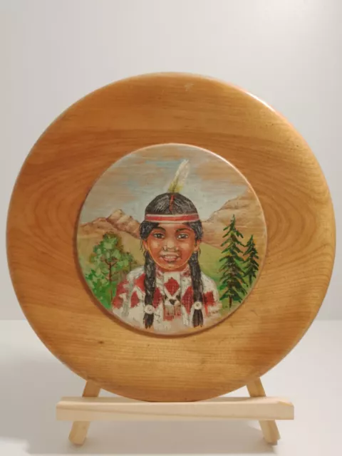 Vintage handmade wooden Native American girl plate