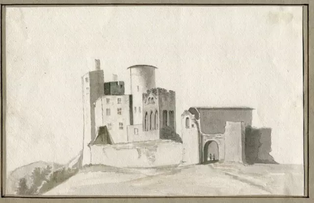 Dibujo de tinta antigua 0riginal siglo XIX Castillo, Paisaje, Arquitectura